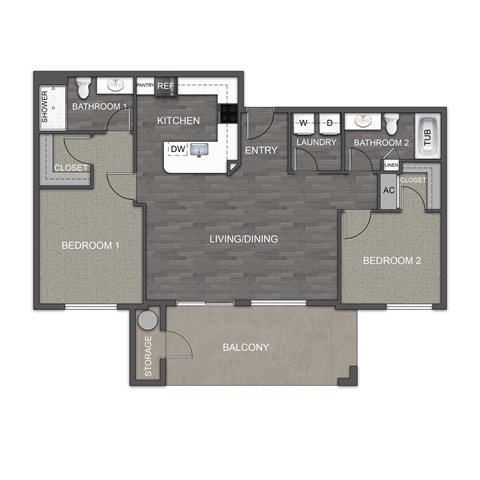 Floor plan for 2 beds, 2 baths, 1285 sqft